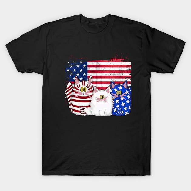 Red White Blue Cats USA Flag Firework 4th Of July Shirt T-Shirt by webster